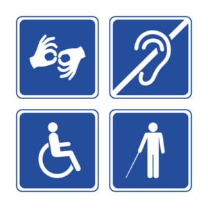 Graphic of four symbols: sign language, deafness, handicapped, blindness