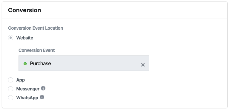 An ad set that has the “Purchase” conversion event selected. Facebook will then optimize for these conversion results.
